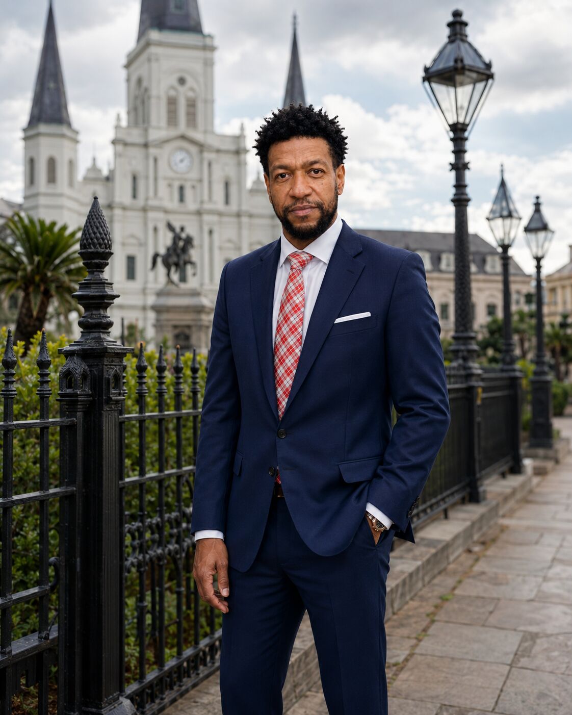 Jerome Matthews at the Jackson Square fence with St. Louis Cathedral behind him