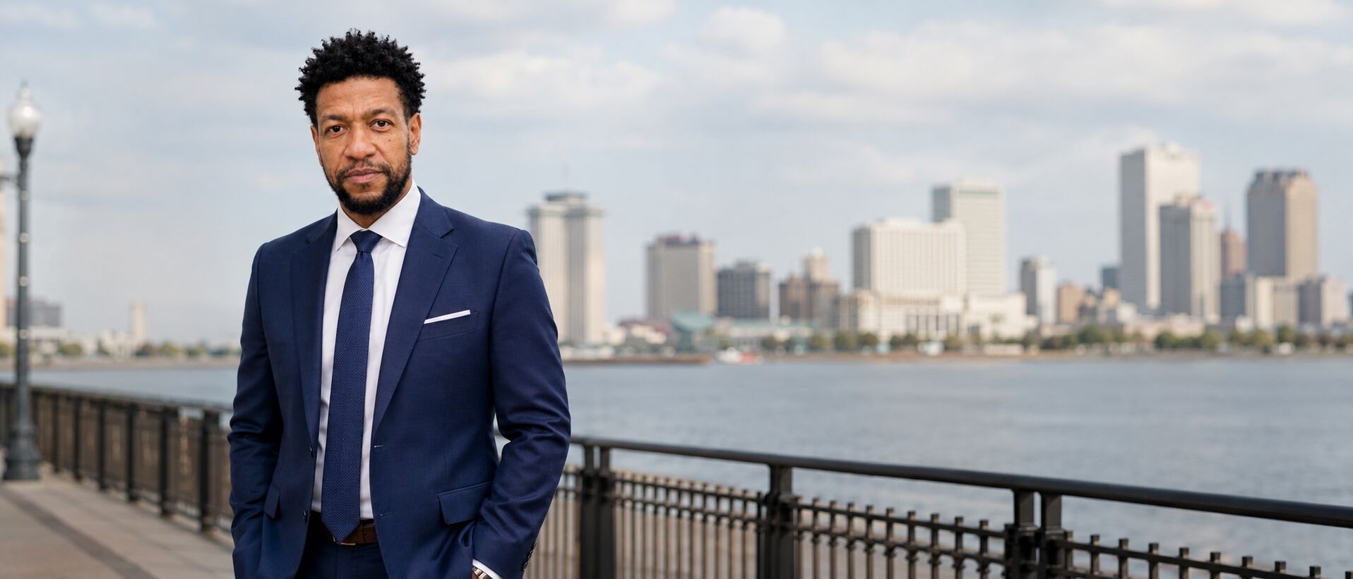 Jerome Matthews at the Mississippi riverfront with the New Orleans skyline behind him